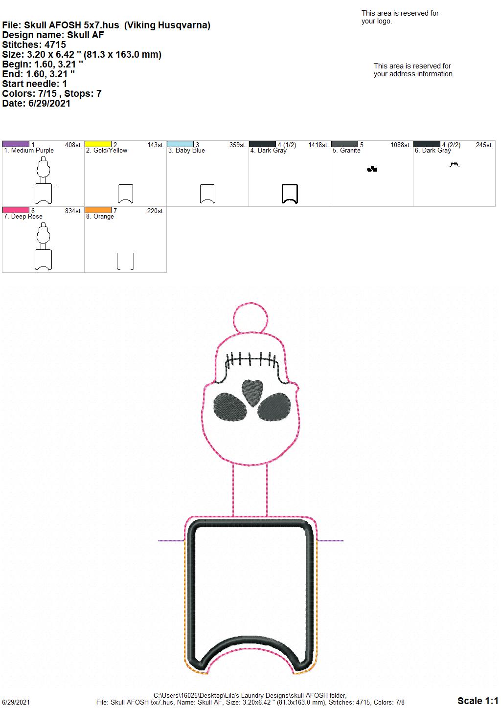 Skull Applique Fold Over Sanitizer Holder 5x7- DIGITAL Embroidery DESIGN