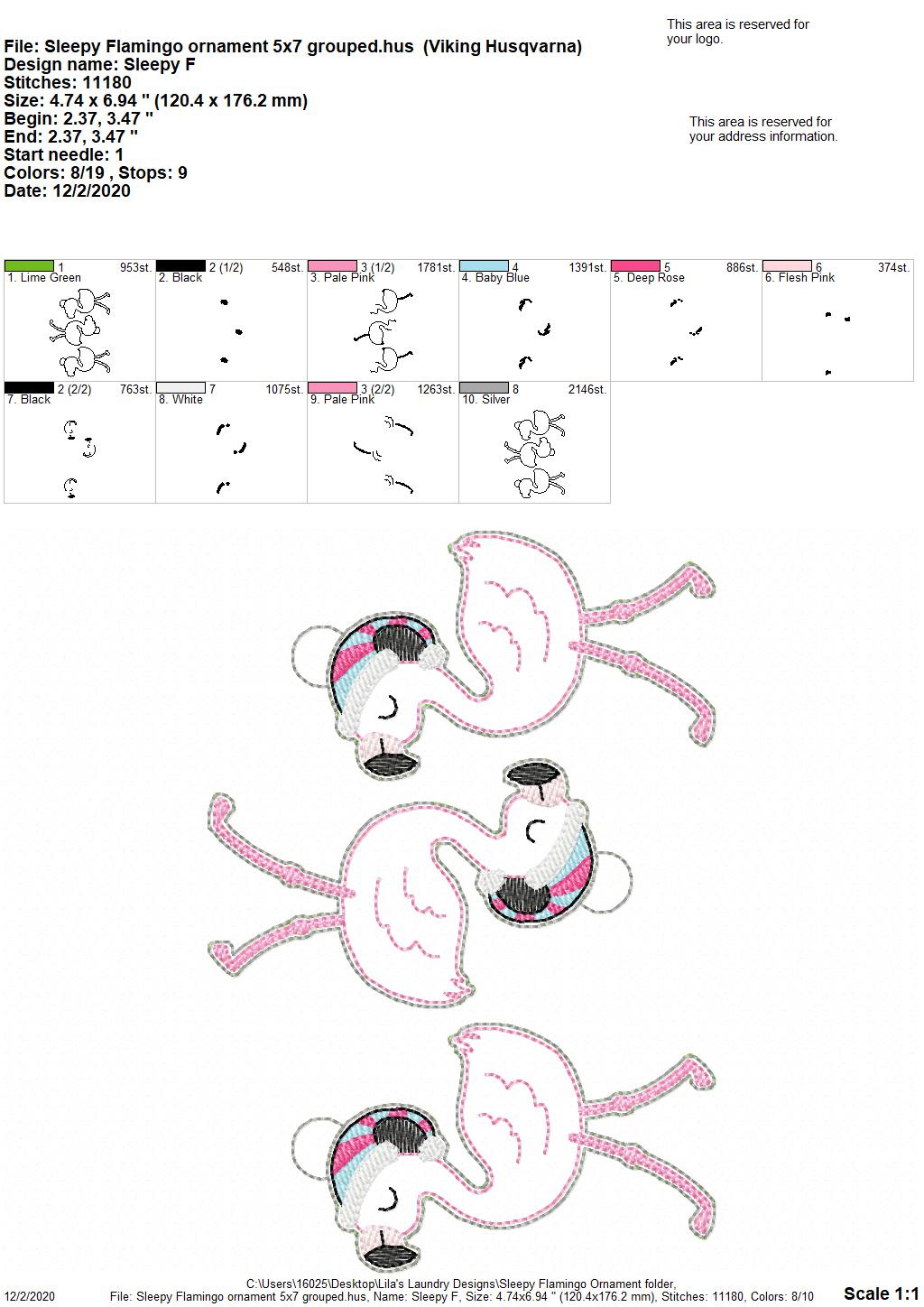 Sleepy Flamingo Ornament - Digital Embroidery Design