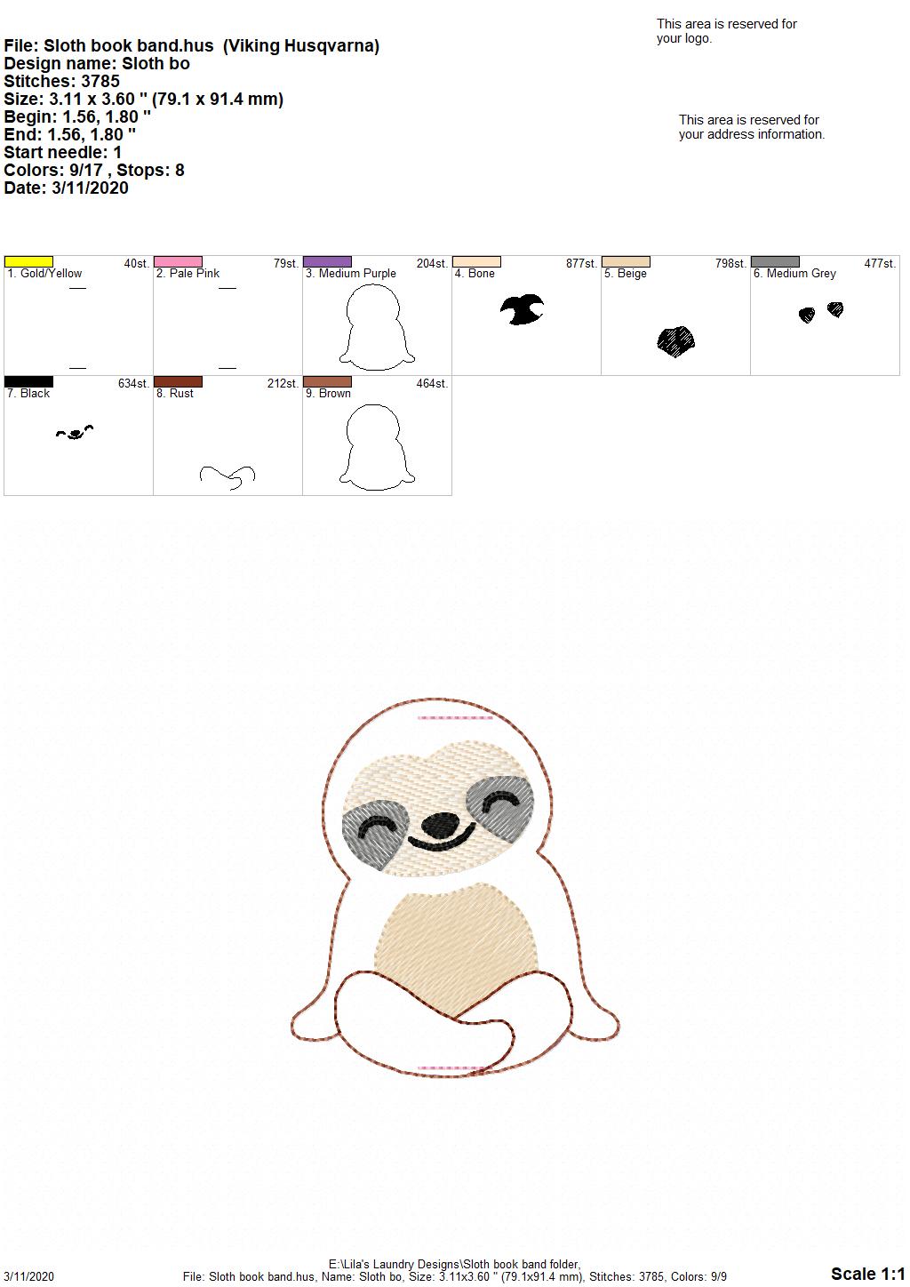 Sloth Book Band - Digital Embroidery Design