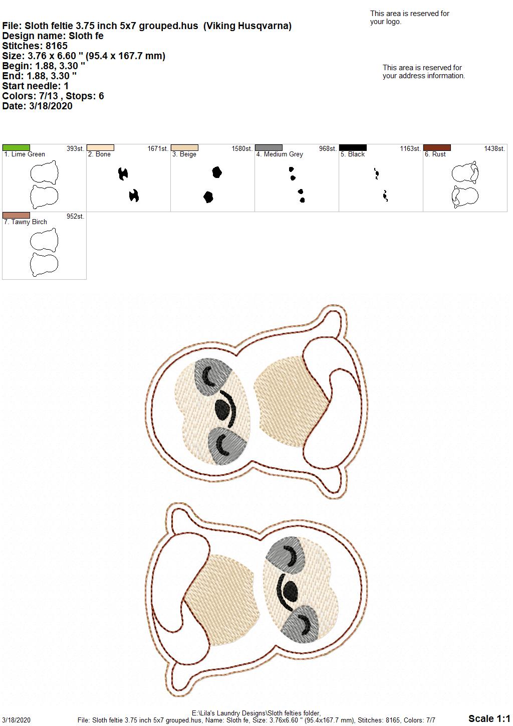 Sloth Felties - 3 sizes - 4x4 and 5x7 Grouped- Digital Embroidery Design