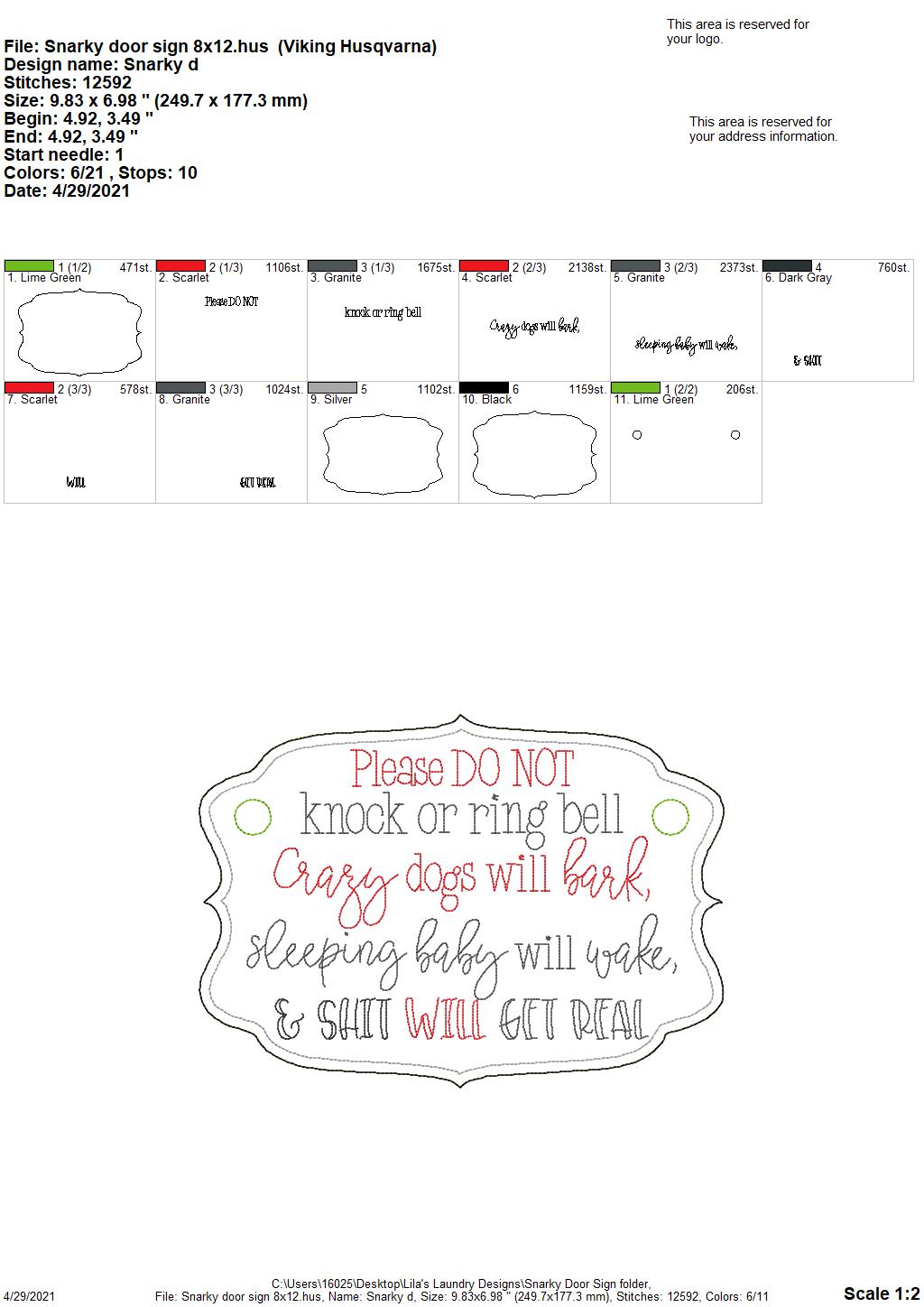 Snarky Door Hanger - 3 sizes - Digital Embroidery Design