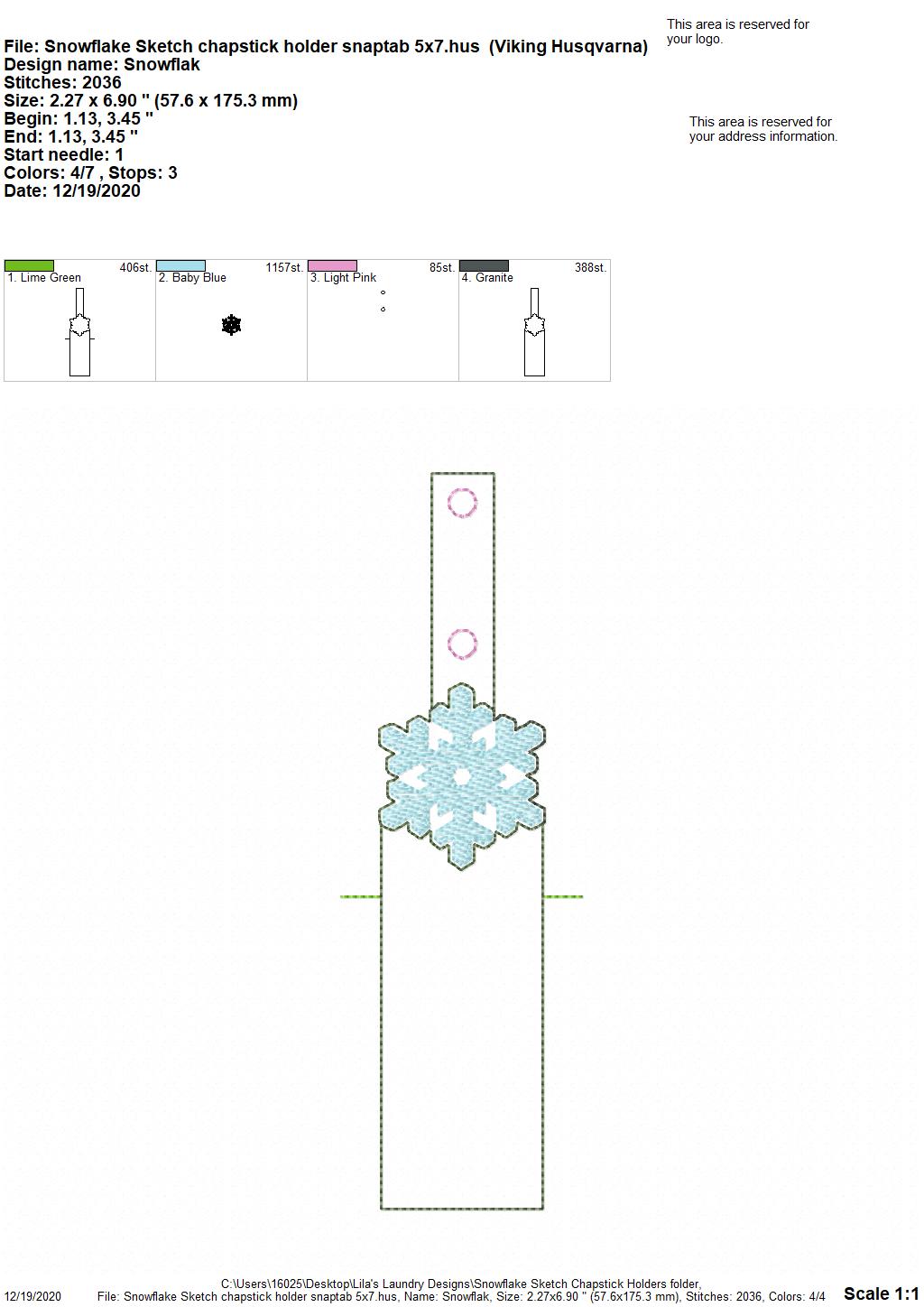 Snowflake Sketch Lip Balm Holders 5x7 - DIGITAL Embroidery DESIGN