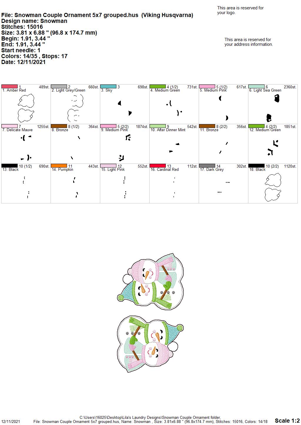 Snowman Couple Ornament - Digital Embroidery Design