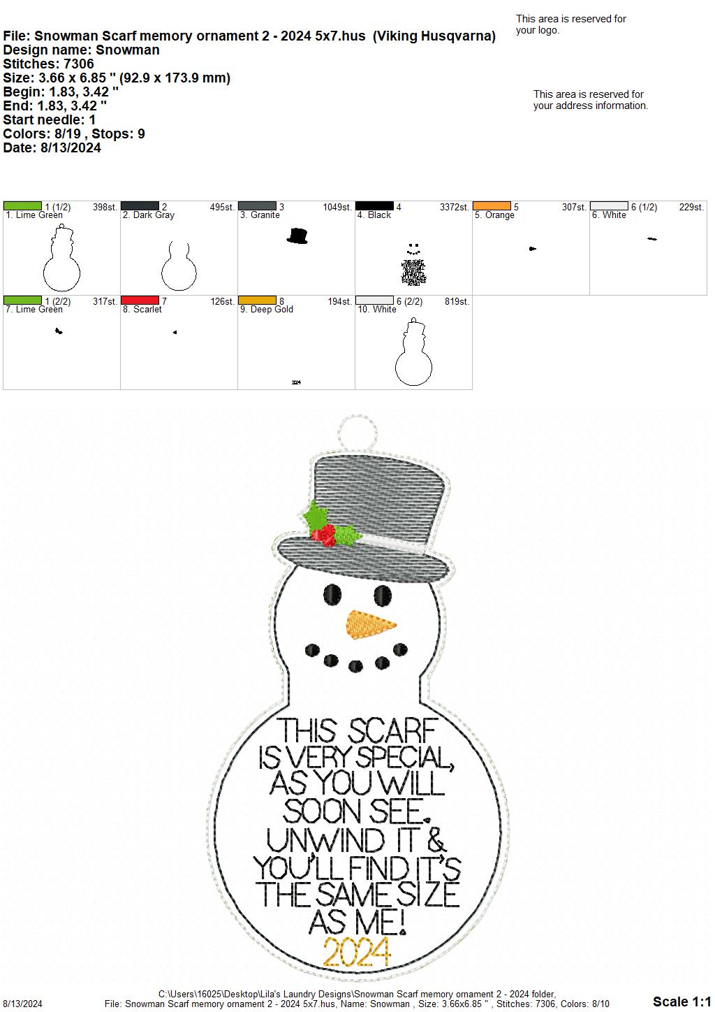 Snowman Scarf Memory Ornament 2 - 2024 - 5x7 - Digital Embroidery Design