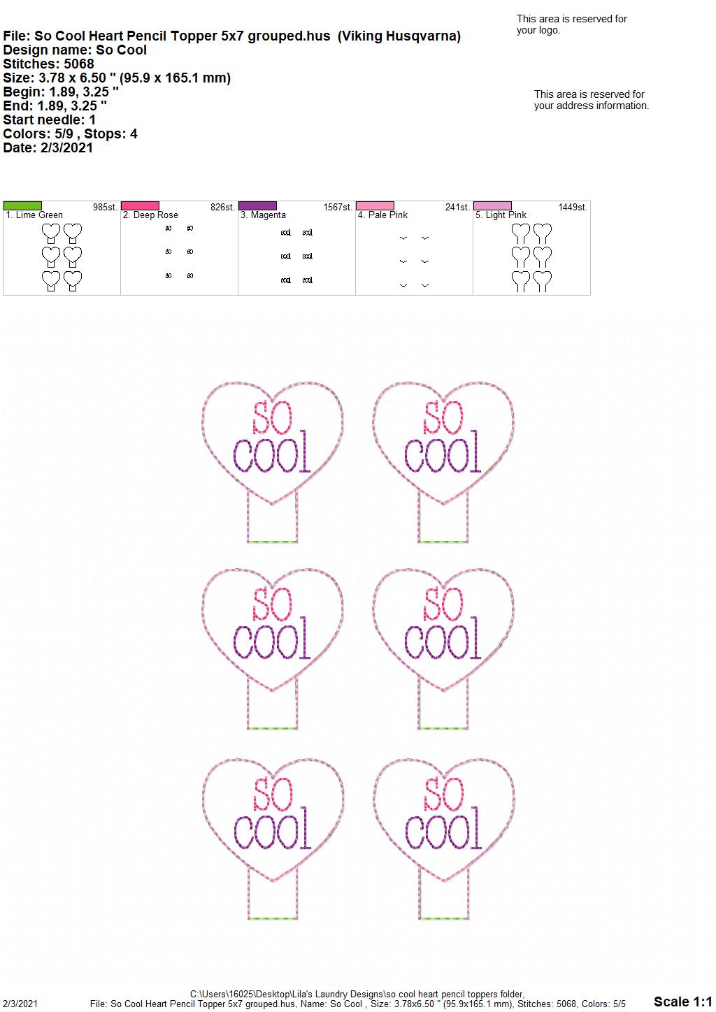 So Cool Heart Pencil Toppers 4x4 and 5x7 included- DIGITAL Embroidery DESIGN