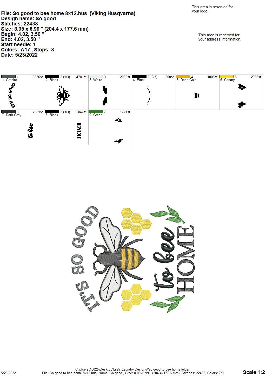 So Good to Bee Home - 4 sizes- Digital Embroidery Design