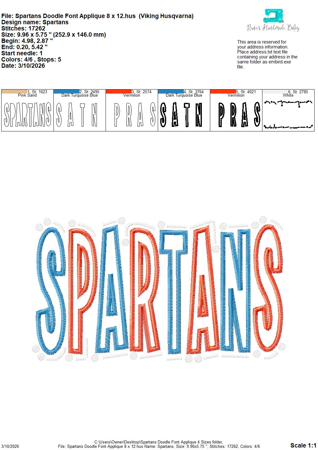 Spartans Doodle Font Applique – 4 x 4, 5 x 7, 6 x 10 and 8 x 12 – DIGITAL Embroidery Design