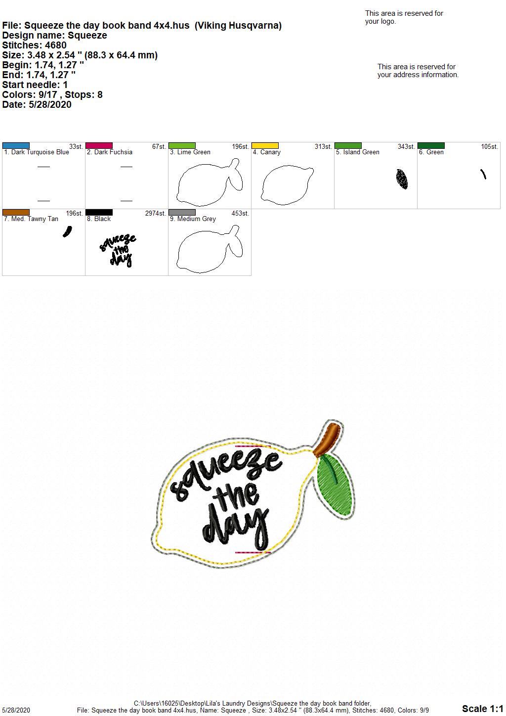 Squeeze the day Book Band - Digital Embroidery Design