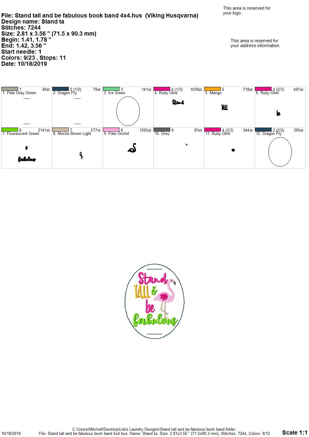 Stand Tall & Be Fabulous Flamingo Book Band - Digital Embroidery Design