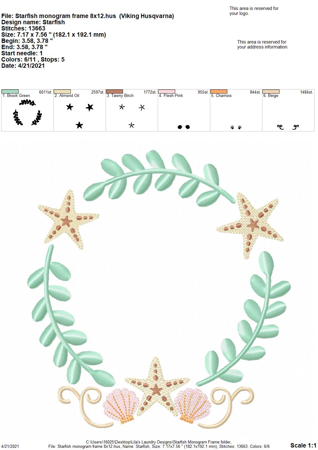 Starfish Monogram Frame - 4 sizes- Digital Embroidery Design