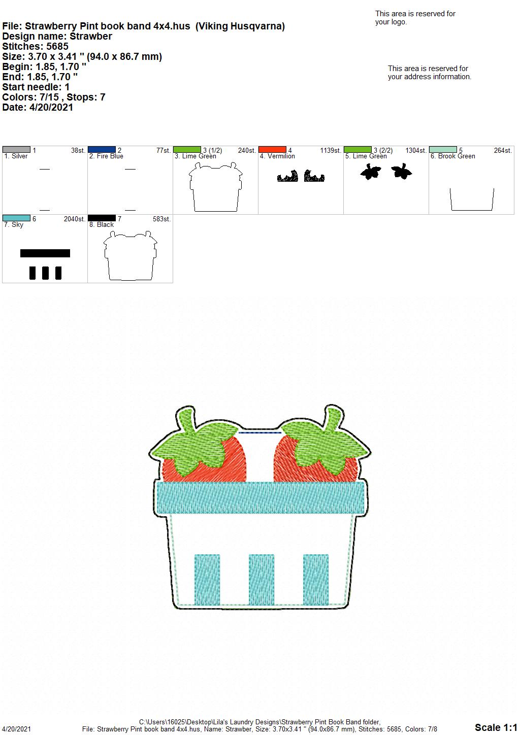 Strawberry Pint Book Band - Embroidery Design, Digital File