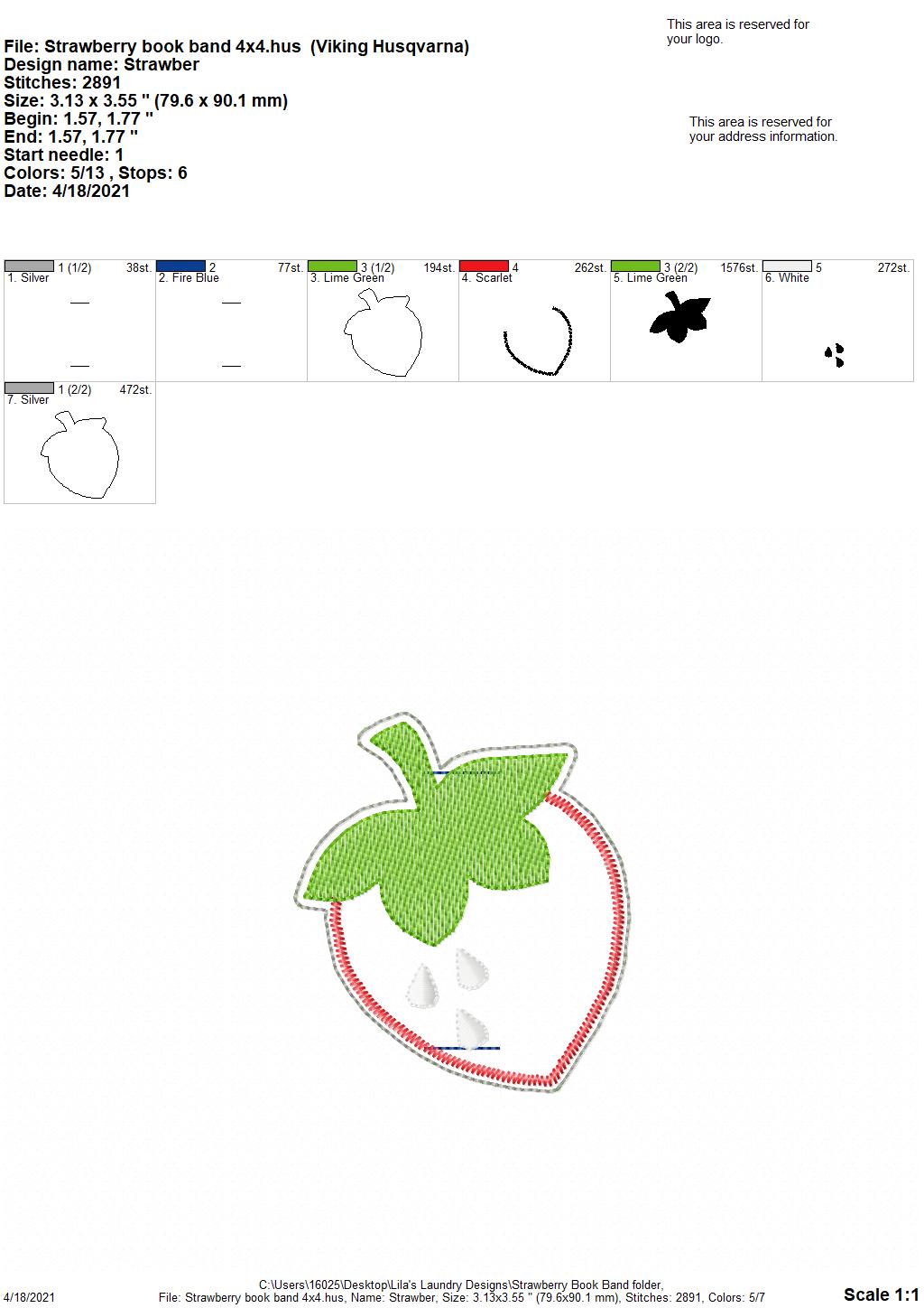 Strawberry Book Band - Embroidery Design, Digital File