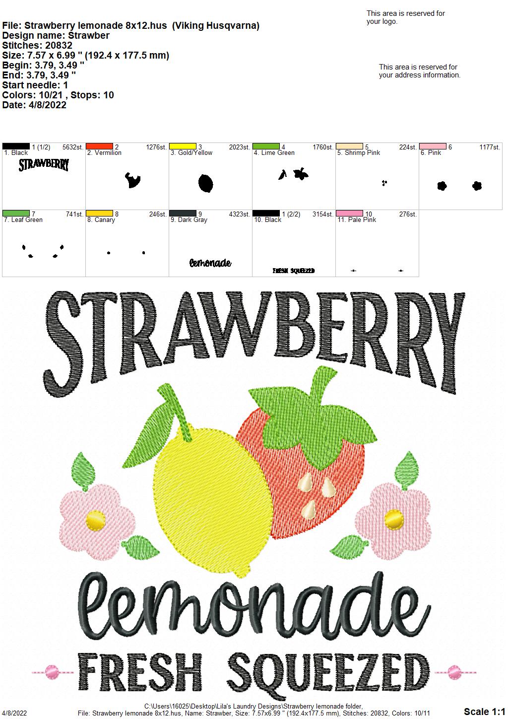 Strawberry Lemonade - 3 sizes- Digital Embroidery Design
