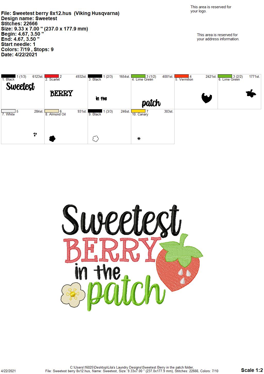 Sweetest Berry in the Patch - 4 sizes- Digital Embroidery Design