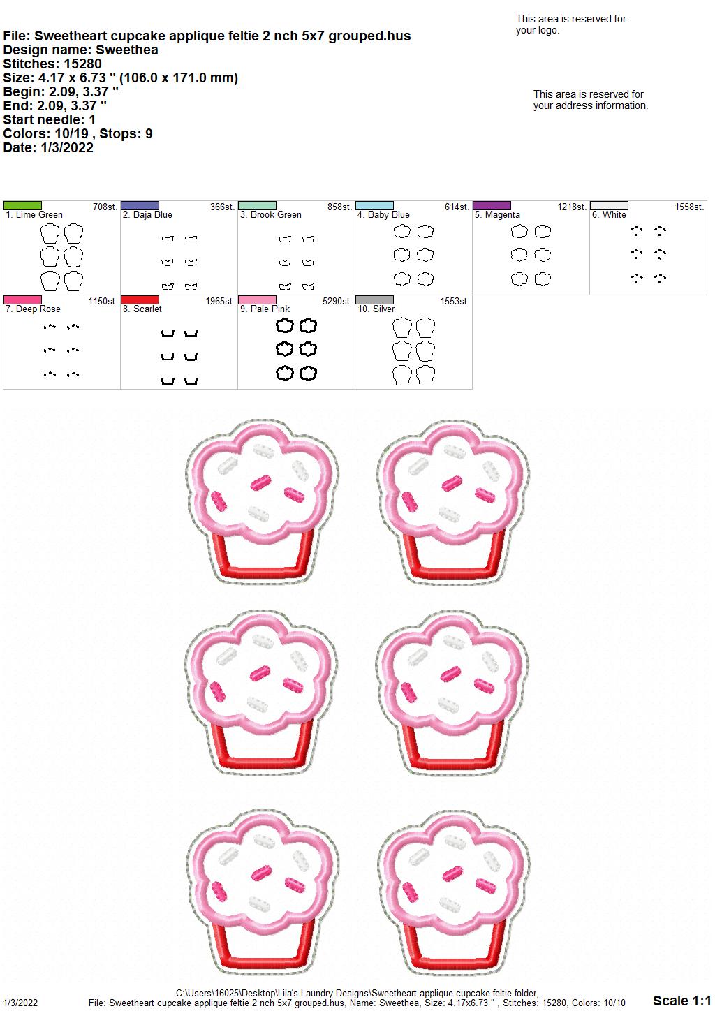 Sweetheart Applique Cupcake Feltie - Digital Embroidery Design