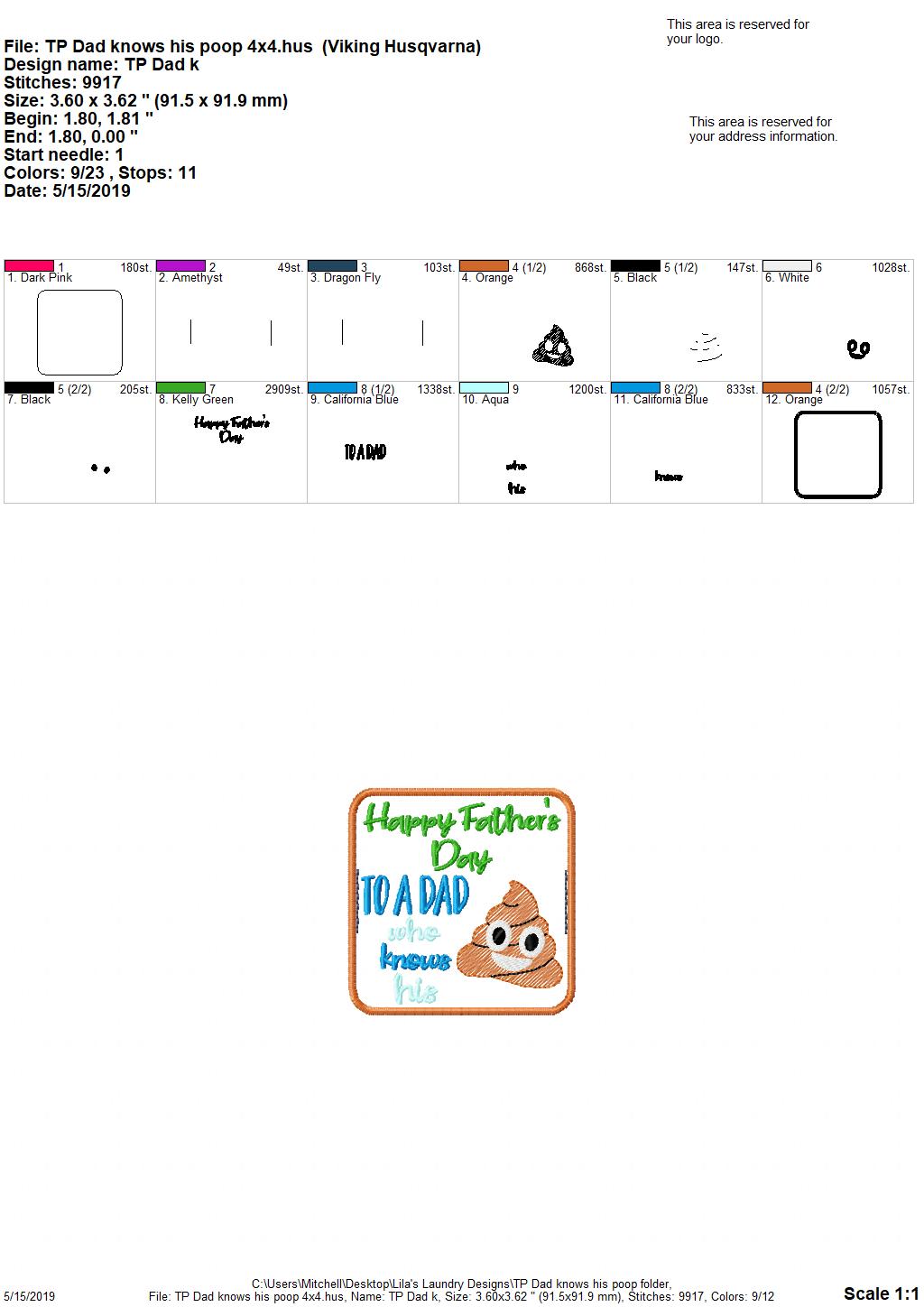 Happy father's day to a dad who knows his poop TP tie - DIGITAL Embroidery DESIGN
