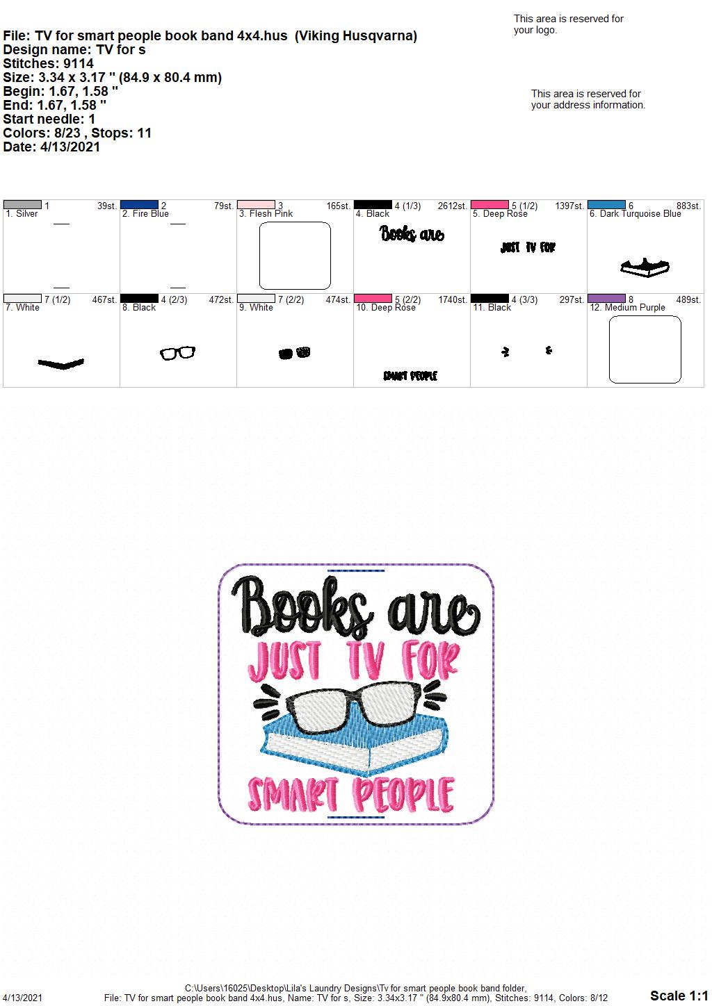 Tv for smart people Book Band - Embroidery Design, Digital File