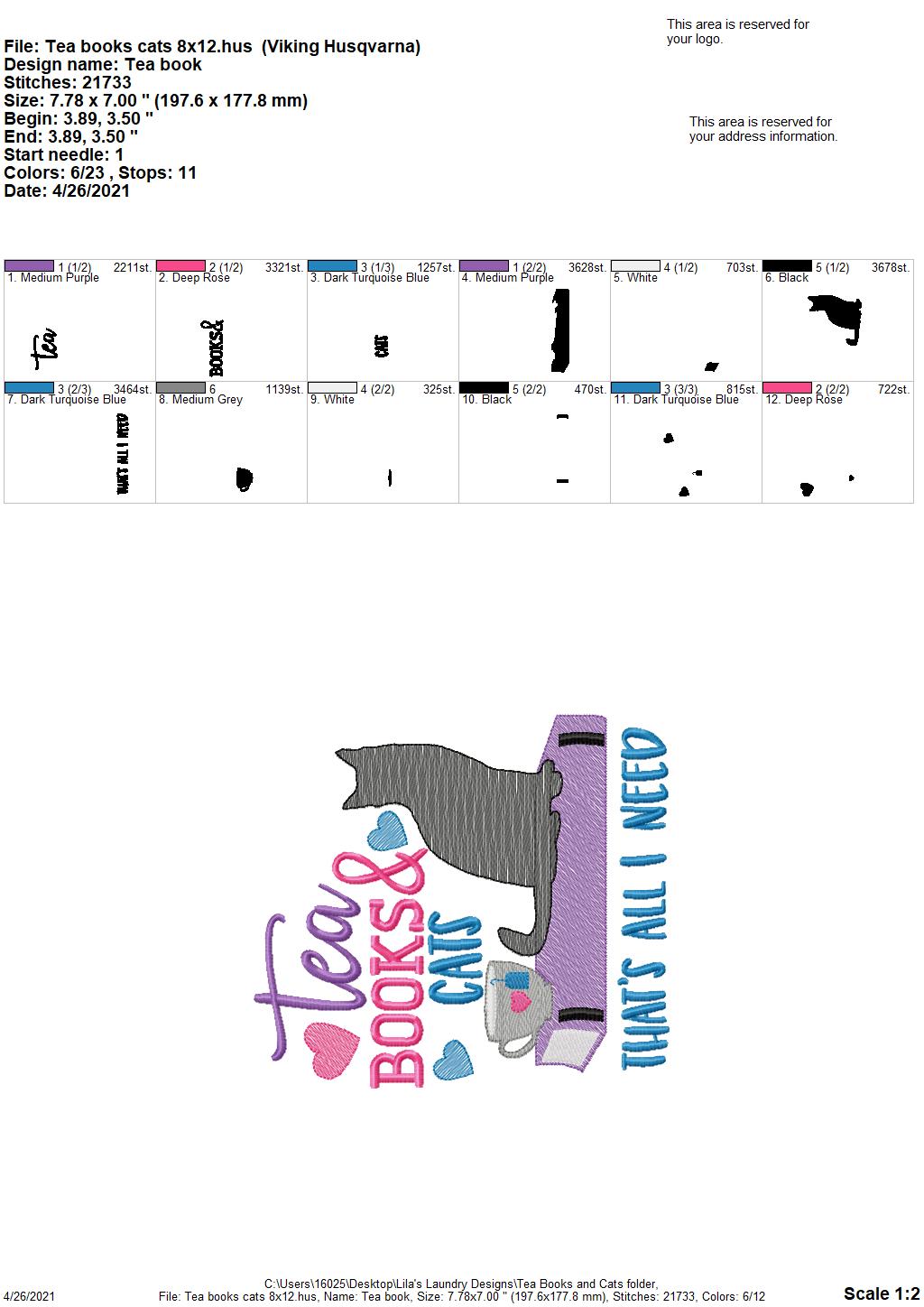 Tea Books Cats - 3 sizes- Digital Embroidery Design