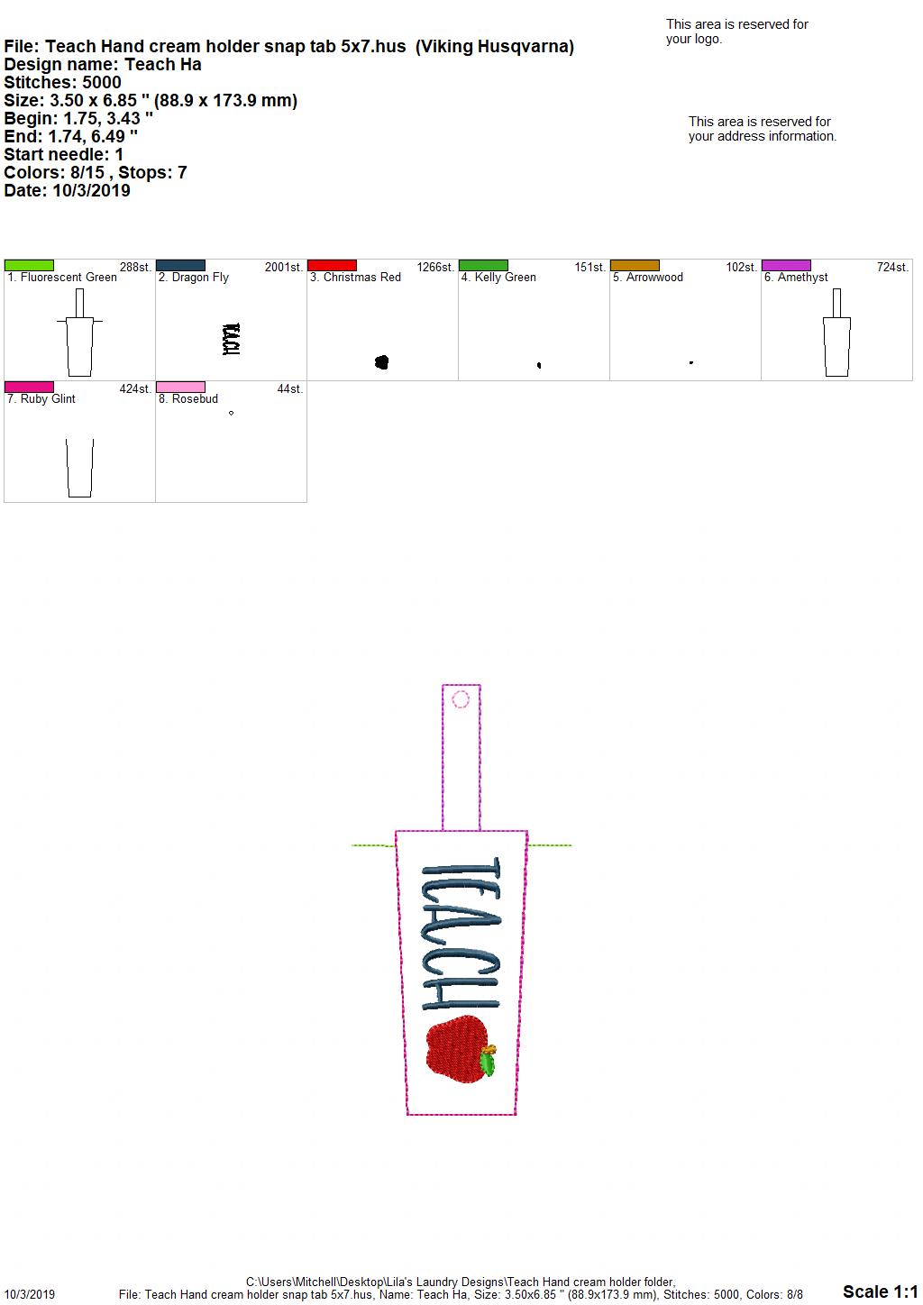 Teach Hand Cream Holder 5x7 - DIGITAL Embroidery DESIGN