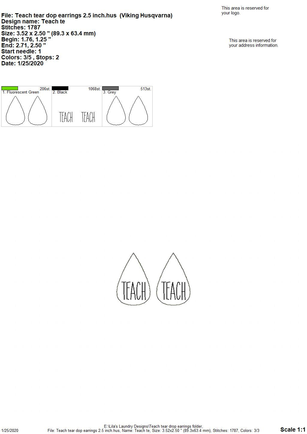 Teach Tear Drop Earrings - 3 sizes - Digital Embroidery Design