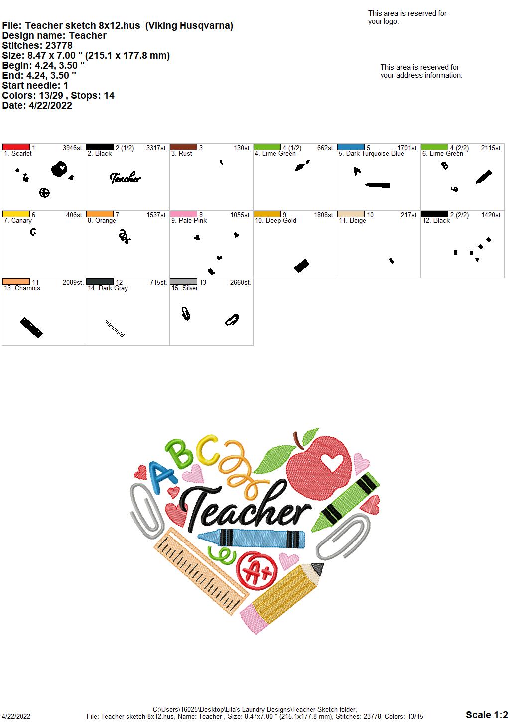 Teacher Sketch - 3 sizes- Digital Embroidery Design