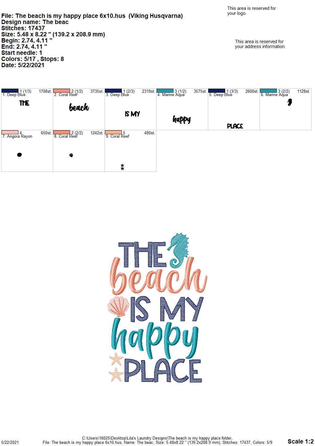 The Beach is My Happy Place - 2 sizes- Digital Embroidery Design