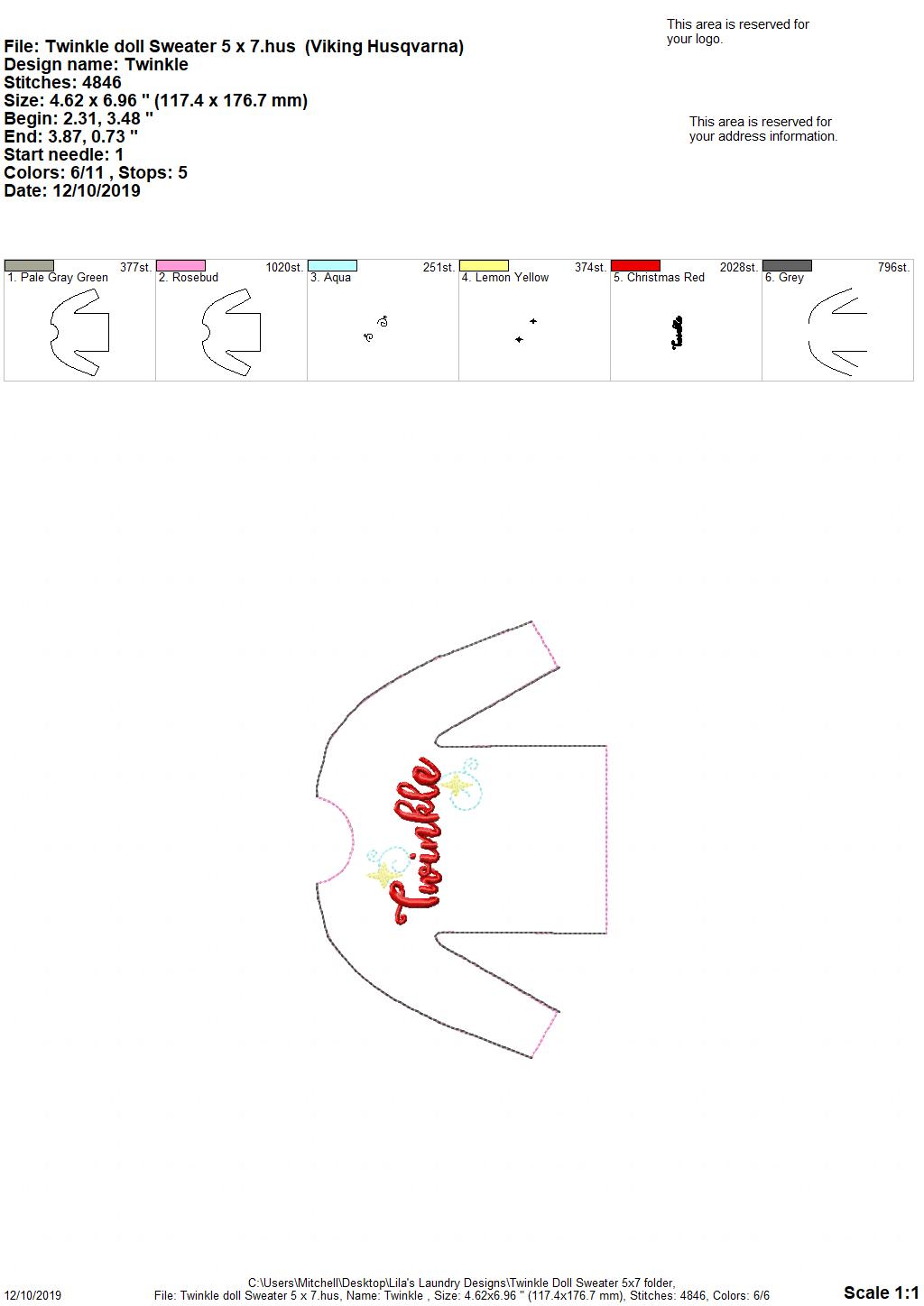 Twinkle Doll Sweater 5x7 - Digital Embroidery Design