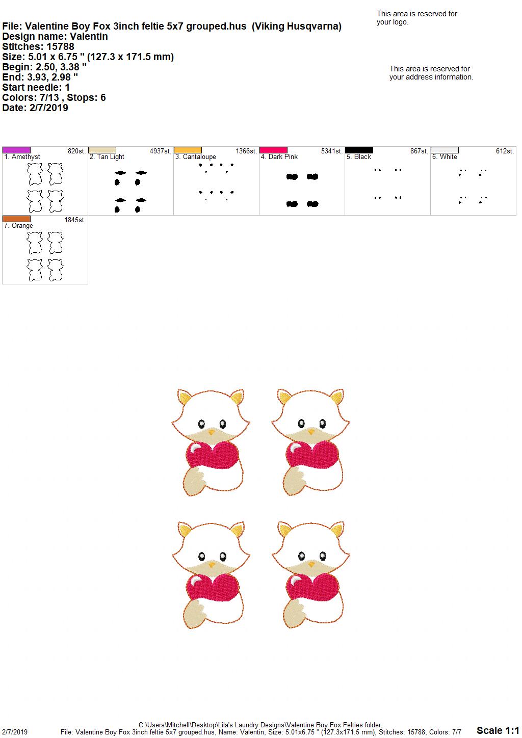 Valentine Boy Fox Felties - 3 sizes- Digital Embroidery Design