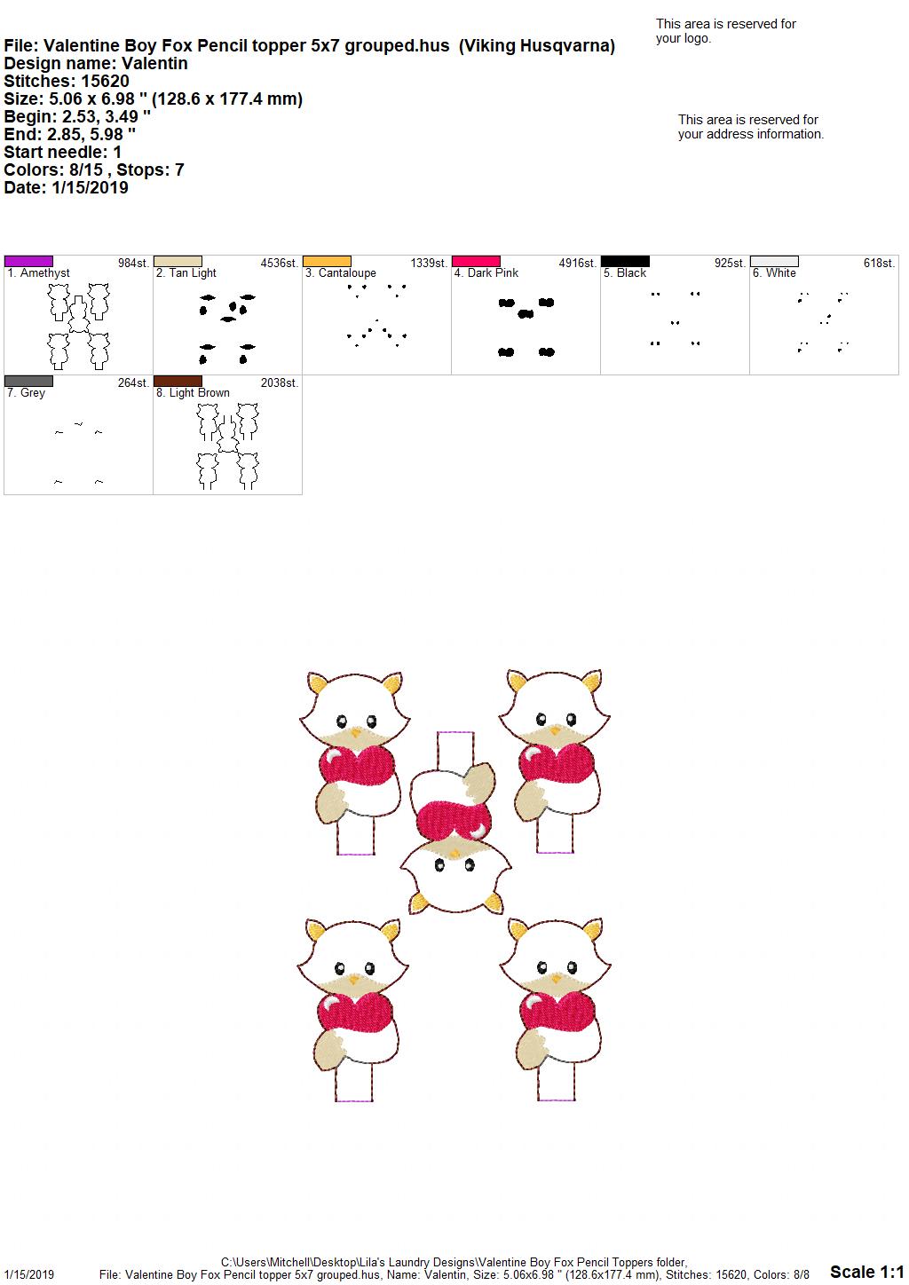 Valentine Boy Fox Pencil Toppers - Embroidery Design - DIGITAL Embroidery DESIGN
