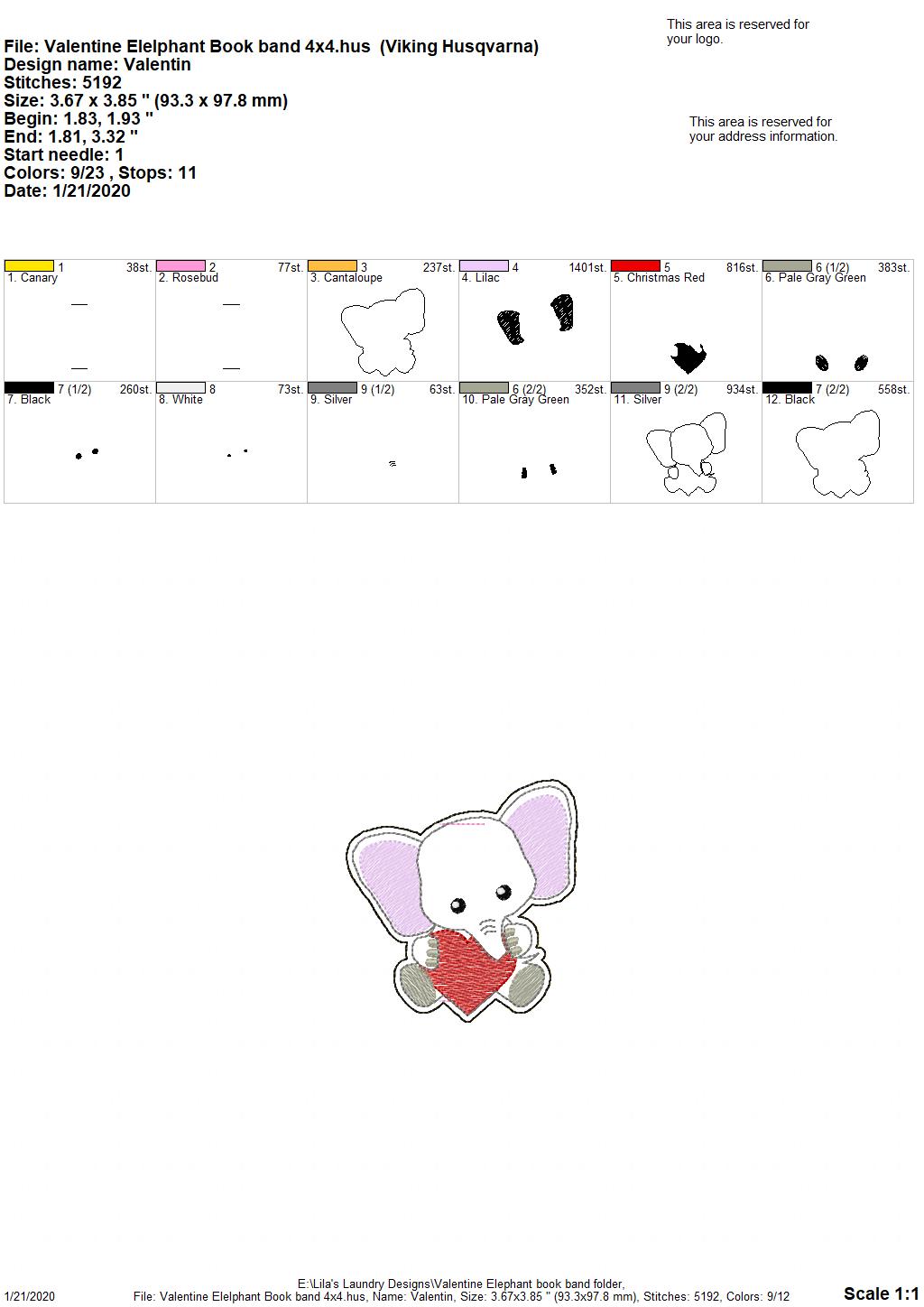 Valentine Elephant Book Band - Digital Embroidery Design