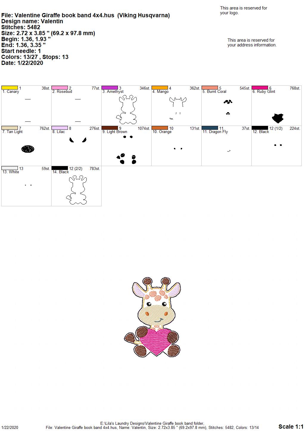 Valentine Giraffe book Band - Digital Embroidery Design