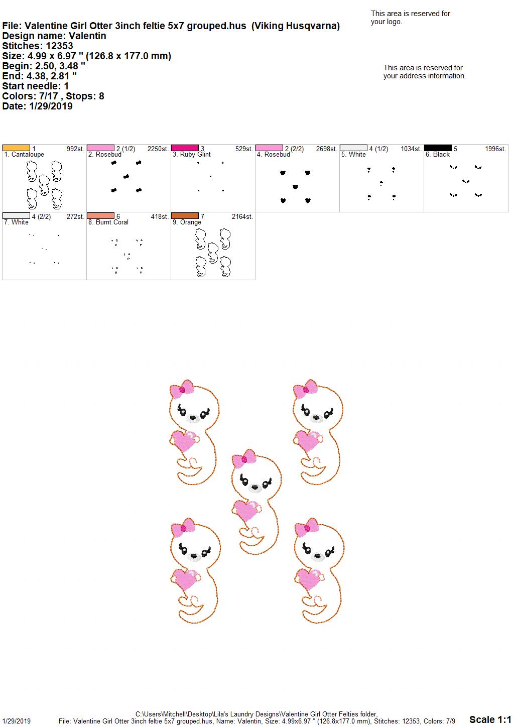 Valentine Girl Otter Felties - 3 sizes- Digital Embroidery Design