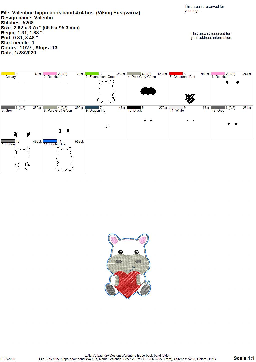 Valentine Hippo Book Band - Digital Embroidery Design