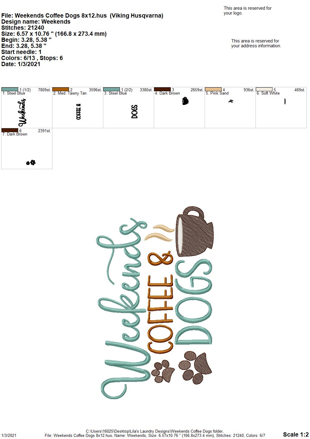 Weekends Coffee Dogs - 2 sizes- Digital Embroidery Design