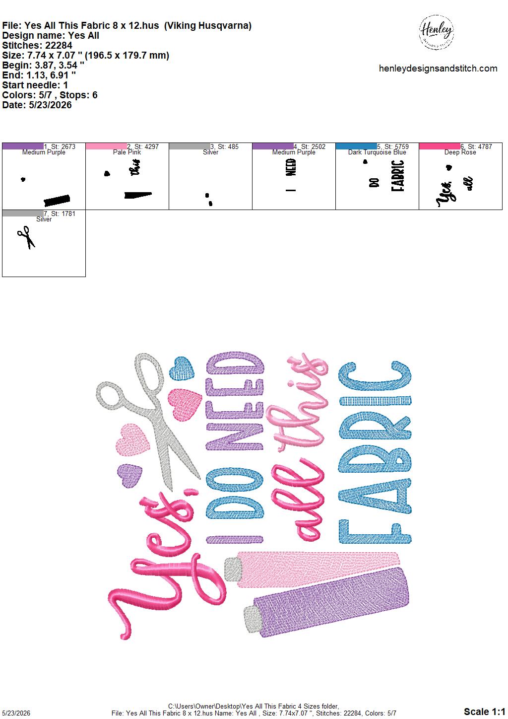 Sketch Yes, I Do Need All This Fabric - Scissors - 4 x 4, 5 x 7, 6 x 10 and 8 x 12 - DIGITAL Embroidery Design