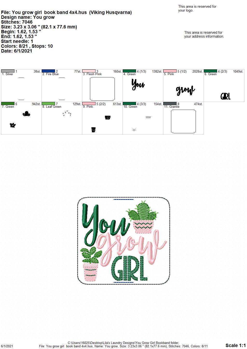 You Grow Girl Book Band - Embroidery Design, Digital File