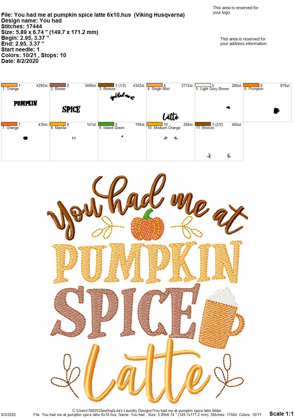 You Had Me At Pumpkin Spice Latte - 2 Sizes - Digital Embroidery Design