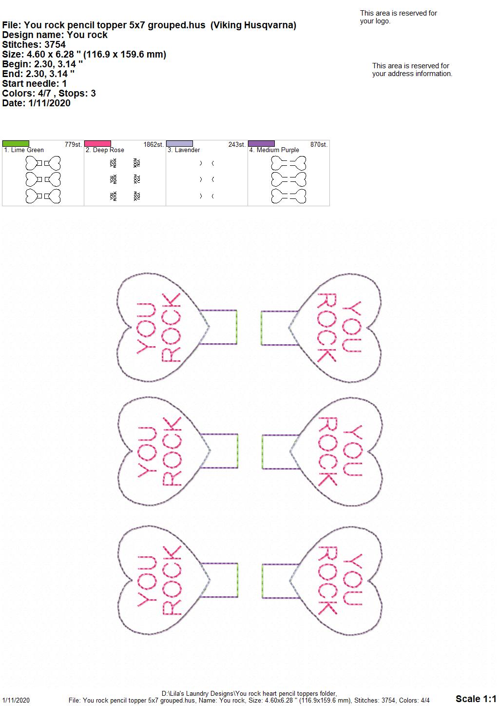 You Rock Heart Pencil Toppers - DIGITAL Embroidery DESIGN