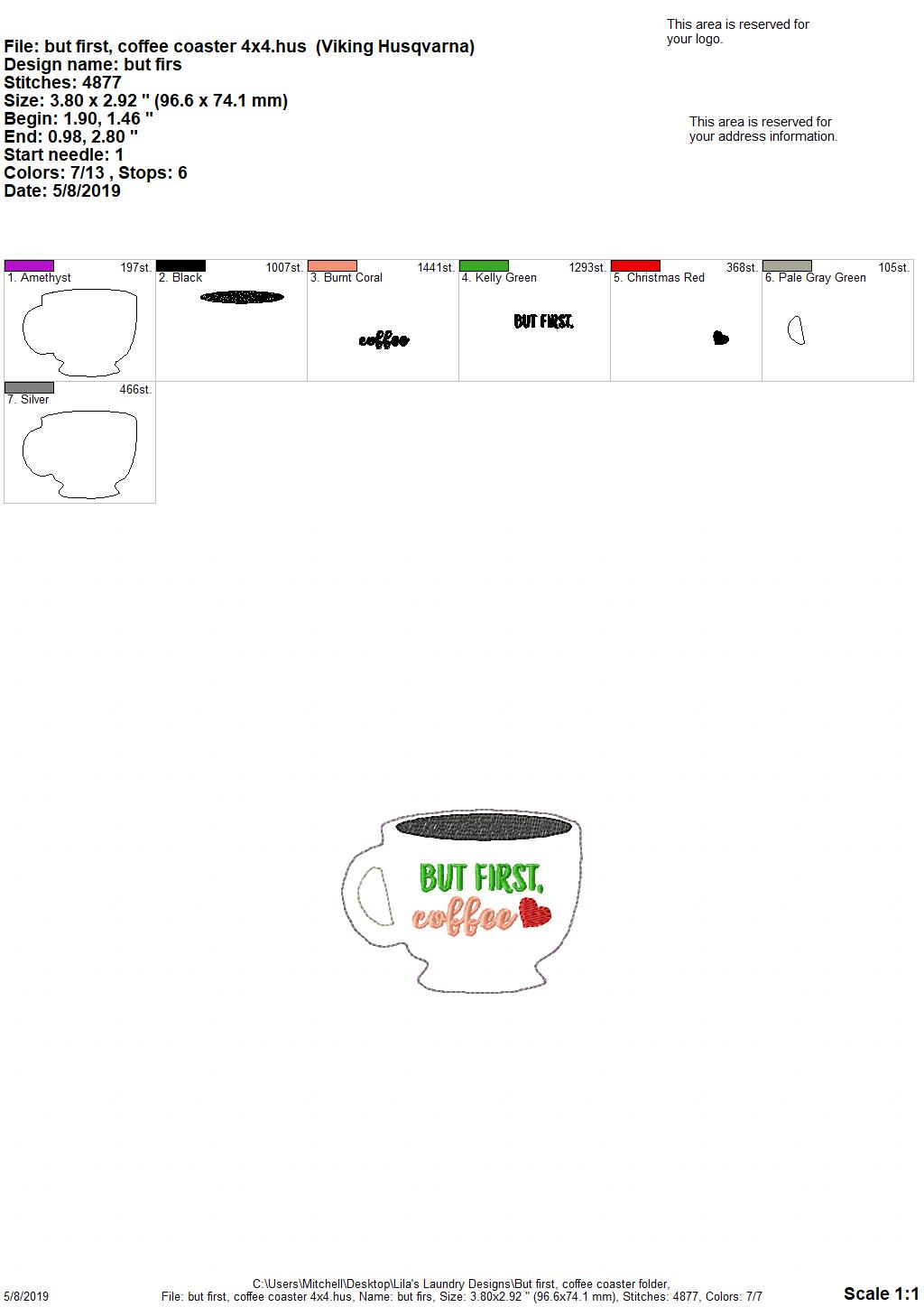 But First, Coffee Coaster 4x4 - DIGITAL Embroidery DESIGN