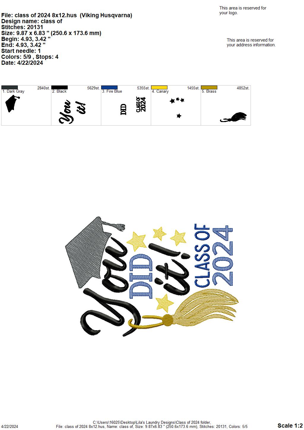 Class of 2024 - 4 Sizes - Digital Embroidery Design