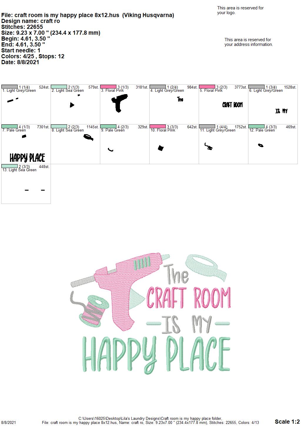 Craft room is my Happy Place - 3 sizes- Digital Embroidery Design