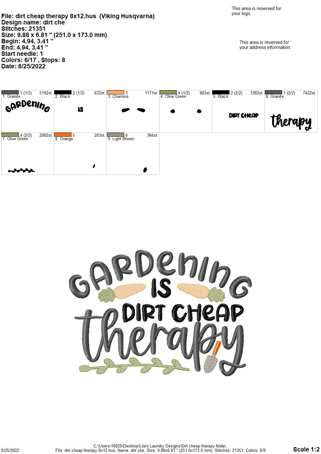 Dirt Cheap Therapy - 3 sizes- Digital Embroidery Design