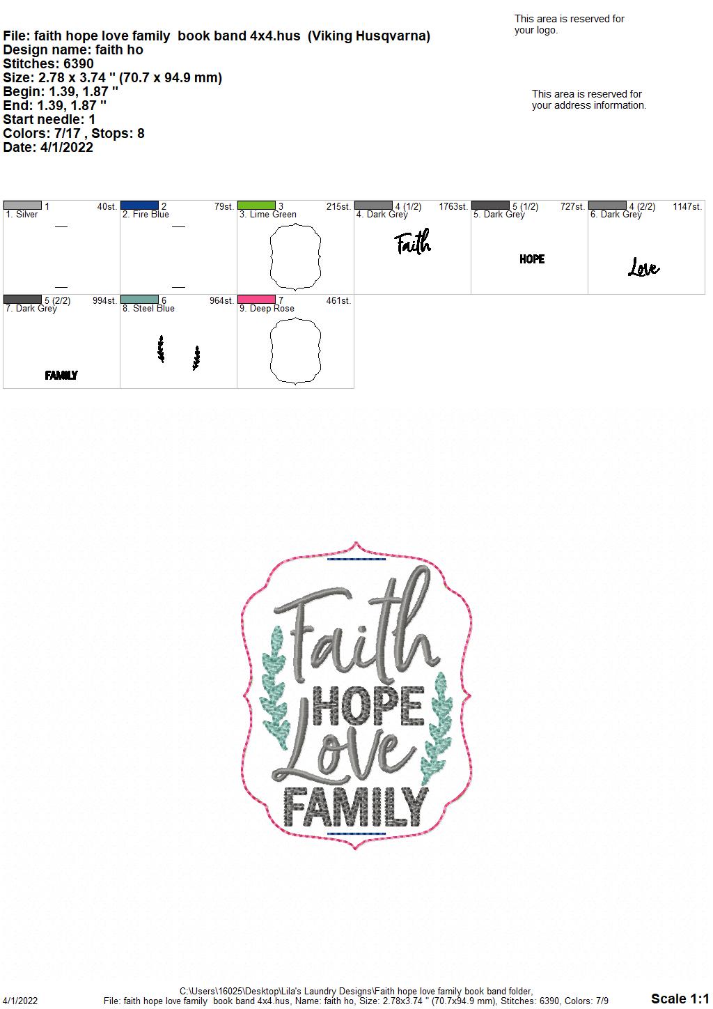 Faith Hope Love Family Book Band - Embroidery Design, Digital File