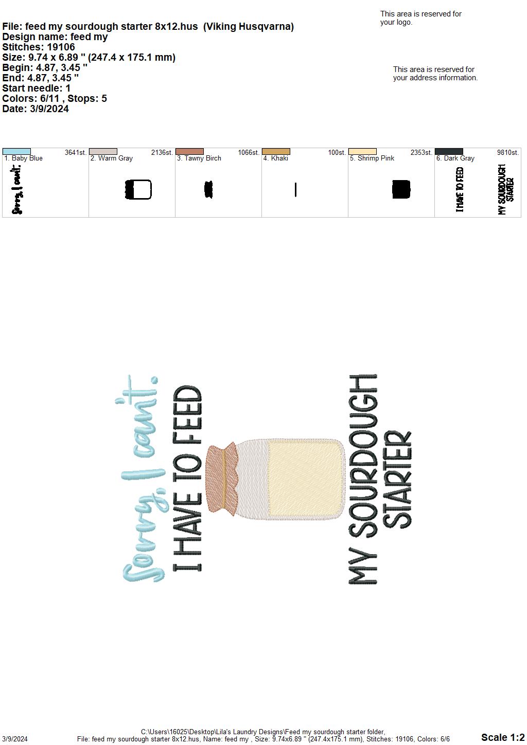 Feed My Sourdough Starter - 4 Sizes - Digital Embroidery Design