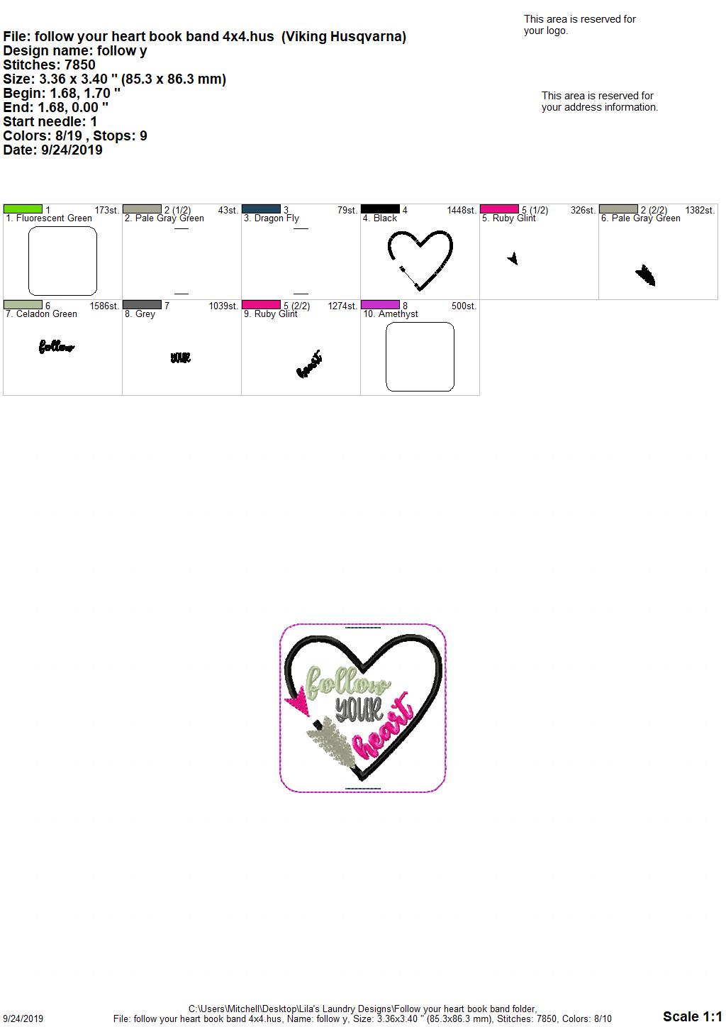 Follow Your Heart Book Band - Digital Embroidery Design