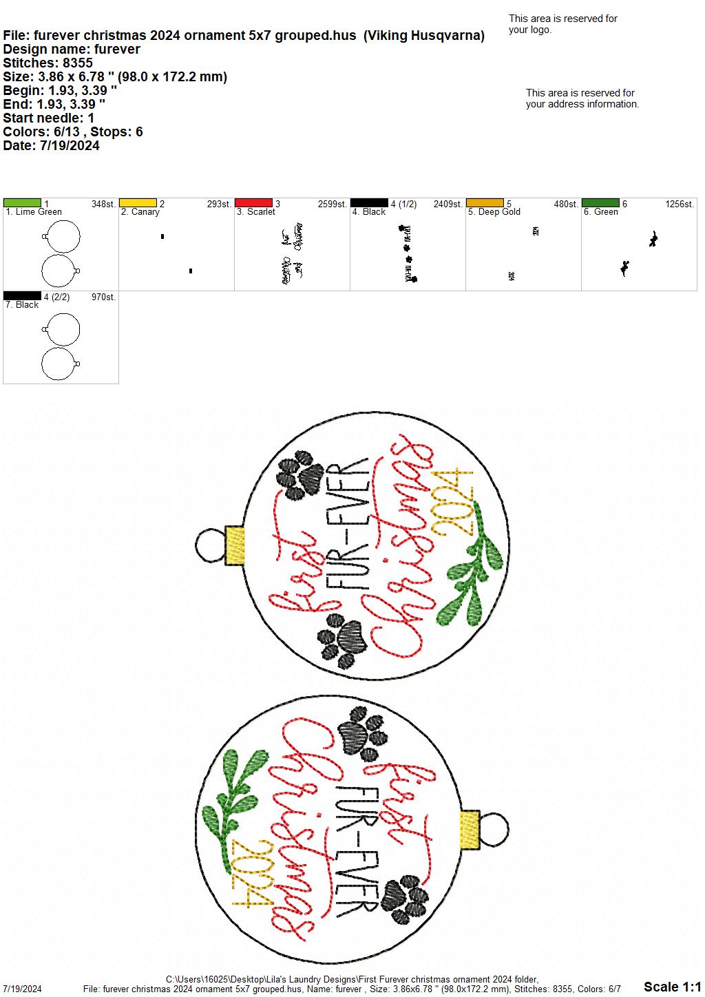 First Fur-ever Christmas 2024 Ornament - Digital Embroidery Design