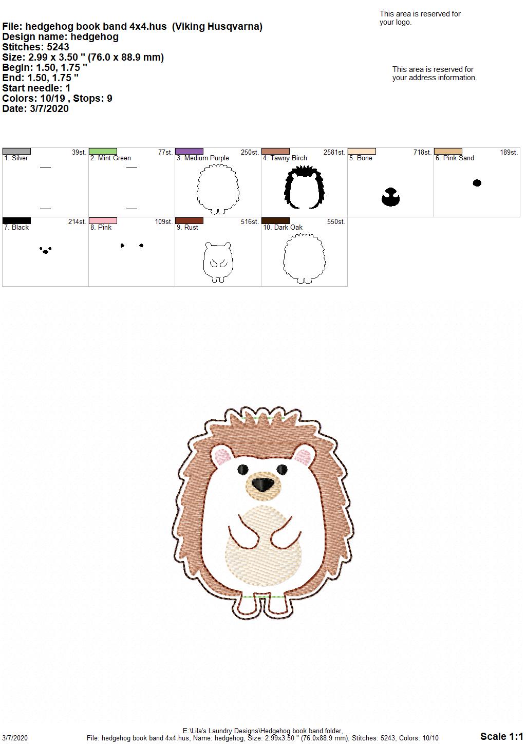 Hedgehog Book Band - Digital Embroidery Design