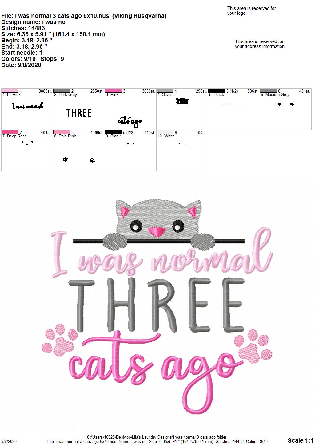 I was Normal 3 Cats Ago - 2 Sizes - Digital Embroidery Design