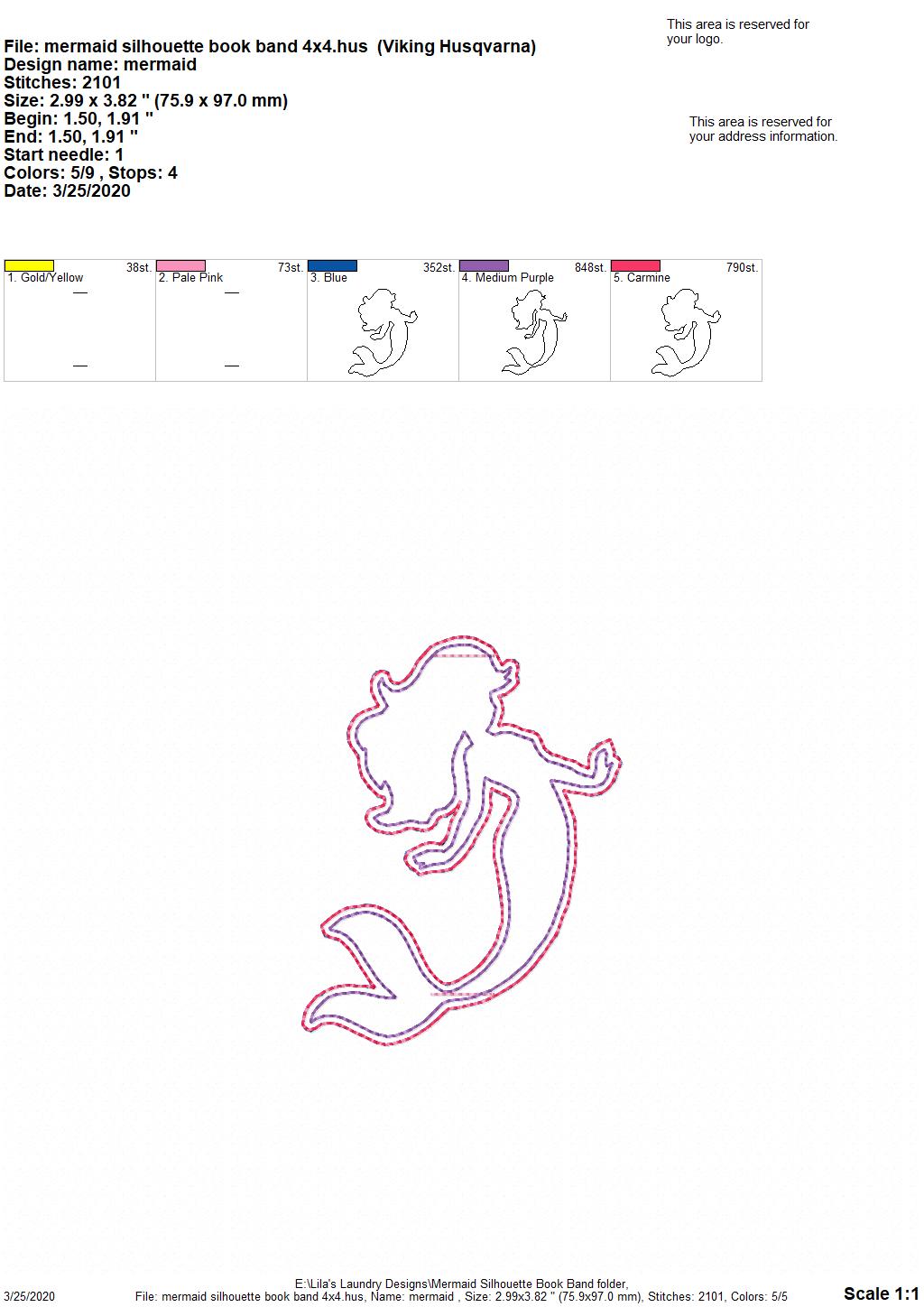 Mermaid Silhouette Book Band - Digital Embroidery Design