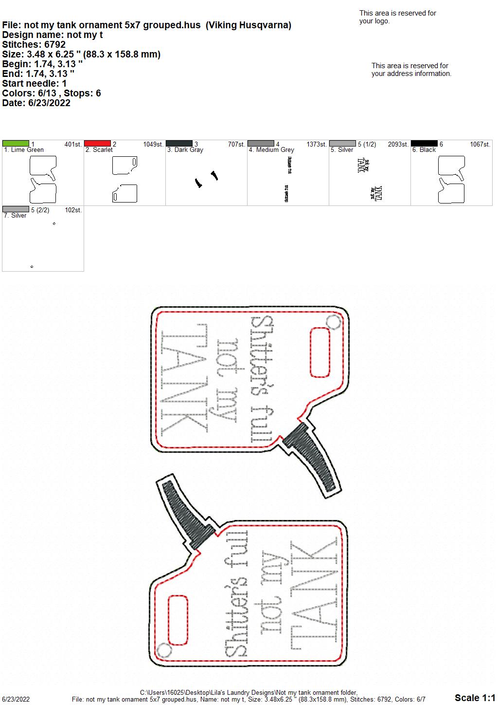 Not my tank Ornament - Digital Embroidery Design